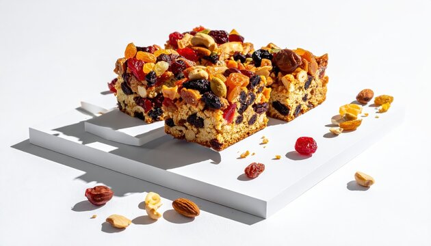Assortment of homemade fruitcake bars with nuts and dried fruits, creatively arranged on white stands, set against a clean white background, studio li