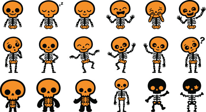 Set of cute cartoon skeleton characters with various funny poses and expressions for halloween design projects