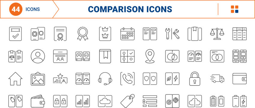 Website comparison section line icon set. Vector pictograms of pricing, table, feature, and matrix elements, thin linear illustration.