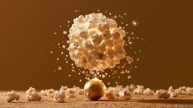 Single golden kernel bursting upward into a glowing cloud of popcorn on a warm minimal backdrop, growth and potential concept