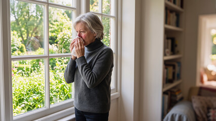 Fototapeta premium Caucasian senior woman homeowner standing by window and blowing nose with tissue. Seasonal allergies and healthcare at home banner with copy space