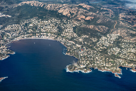 Aerial view of Agay Bay and the Esterel Massif on the Mediterranean coast near Saint Raphael.