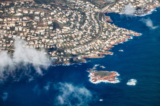 Aerial view of the Mediterranean coastline near Antheor and Saint Raphael in the Esterel Massif on the French Riviera