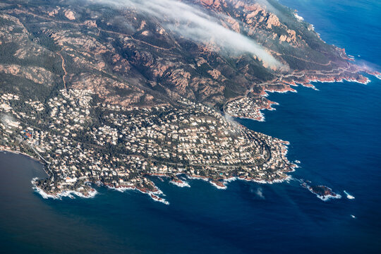 Aerial view of the Antheor peninsula, Esterel Massif and Mediterranean coastline near Saint Raphael on the French Riviera.
