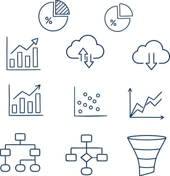 Advanced analytical flowchart and data mapping icons including scatter plots hierarchy structures cloud storage transfer and marketing funnel tools.