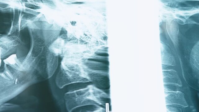 Dental panoramic X-ray scan showing teeth structure and dental implants close up.