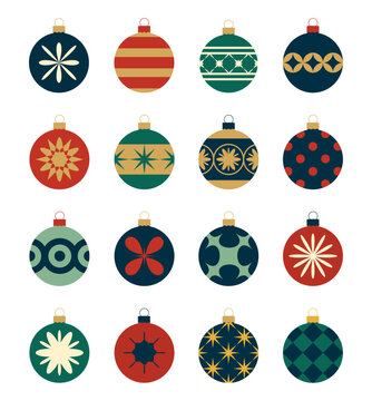 Collection of flat christmas decorative baubles with geometric ornaments in muted retro style colors