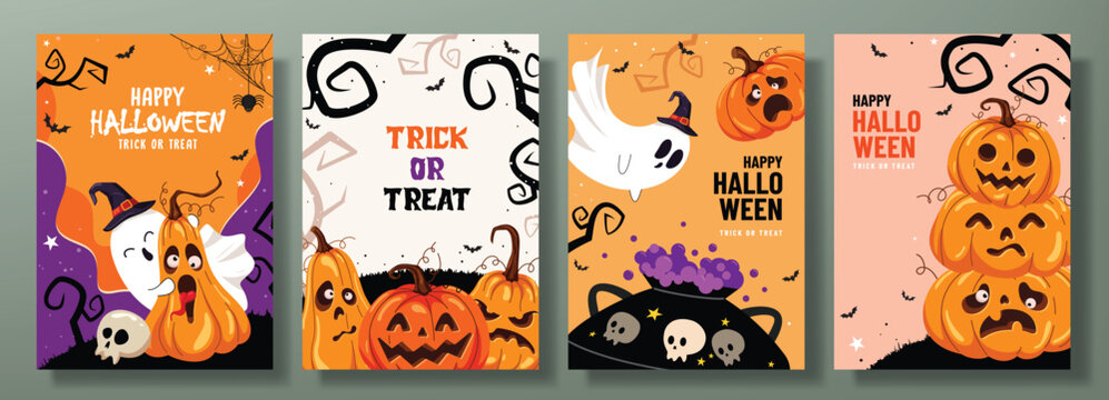 Happy Halloween clipart poster template set. Happy Halloween trick or treat text with cute ghosts, pumpkins, bat and skulls elements on colorful spooky background for holiday party cards vector 