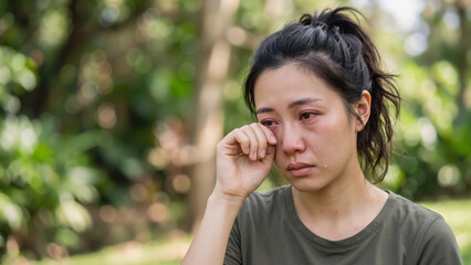 Fototapeta premium Asian woman allergy sufferer rubbing red watery eye and crying in park, seasonal allergies and health problems banner with copy space
