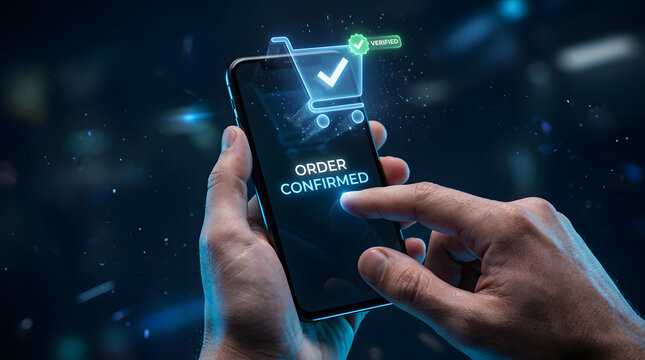 User interacting with smartphone order confirmed digital interface.