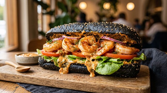 Mouthwatering seafood submarine sandwich overflowing with plump shrimp, fresh green lettuce, and spicy sauce served on a dark charcoal bun.