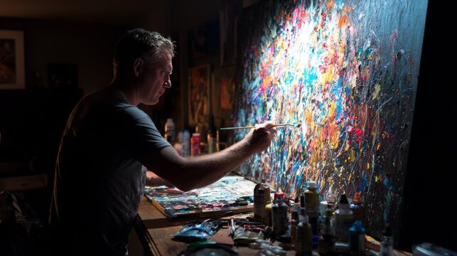 Painter creates a textured masterpiece on a large canvas using a variety of brushes and colorful paints in a dark studio.