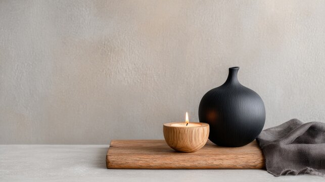 Minimal halloween decor with black ceramic vase and wooden candle on rustic board for autumn design card poster background