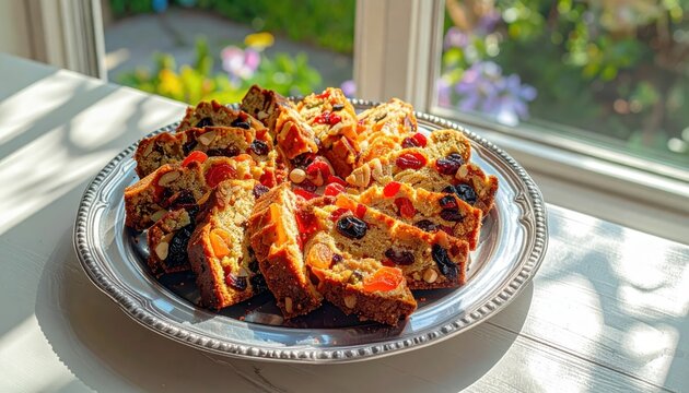 Assortment of delicious sliced fruitcakes on a silver platter by a window with a garden view