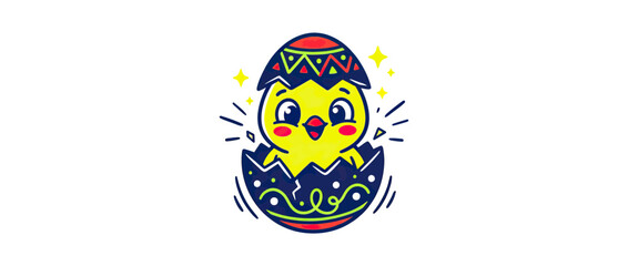 Cute chick hatching from a decorated egg, festive and joyful © Joni