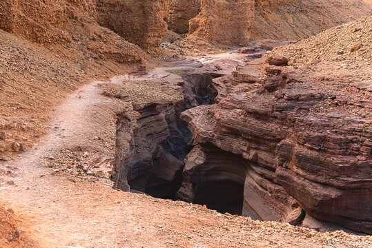 Desert hiking trail along Red canyon slot gorge near Eilat Israel (black path)