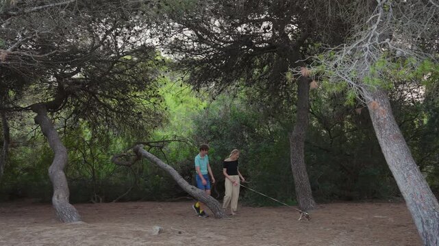 A mother and her fifteen year old teenage son walk their small chihuahua dog on a leash through a pine forest park during a summer day, talking and relaxing together