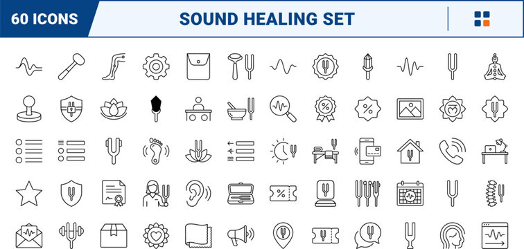 Tuning fork therapy line icon set. Vector pictograms of sound, healing, vibrational, and medicine elements, thin linear illustration.