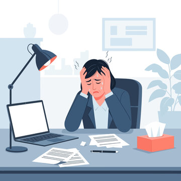 Overwhelmed Businesswoman Feeling Stress And Anxiety At Work Desk