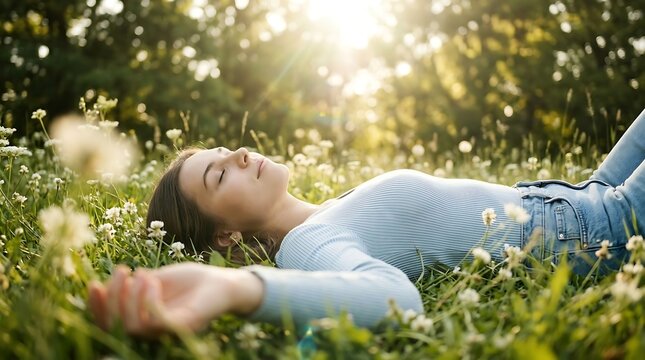 Serene young woman lying on green grass with white clover flowers in sunny park enjoying nature and relaxation
