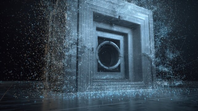 Digital data vault with glowing particles. Secure cyber storage and information security.