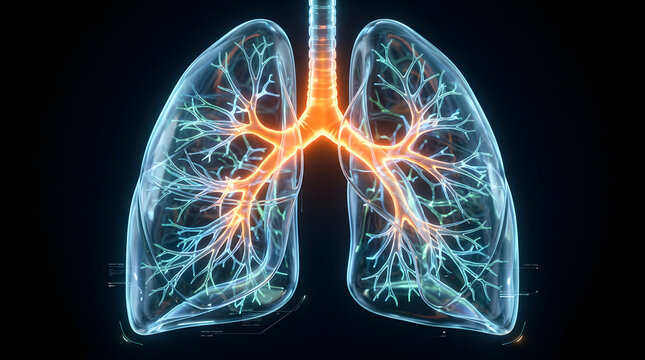 X-ray style blue lungs with bright orange tracheal pathway.
