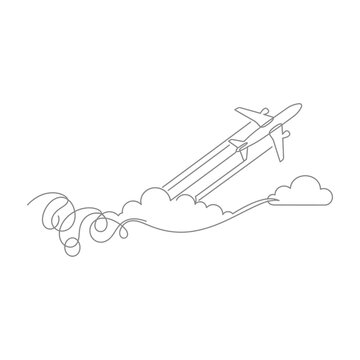 Airplane flying through clouds, soaring high in sky with contrails