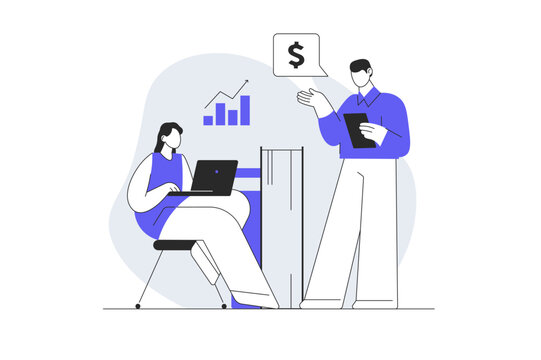 Corporate Strategy Planning and Developing Company Growth. Male and Female Specialists Working with Analytics Charts and Dollar Icon. Flat Cartoon Vector Illustration, icon Stylish abstract design web