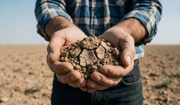Farmer holding dry cracked earth soil in hands on field