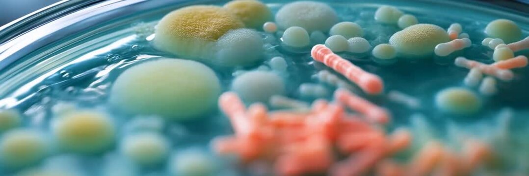 Bacterial colonies growing in a laboratory petri dish, microbiology, research website banner