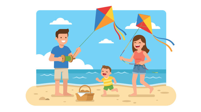 This illustration shows a happy father, mother, and child flying colorful kites on a sunny beach near the blue sea during a summer vacation.