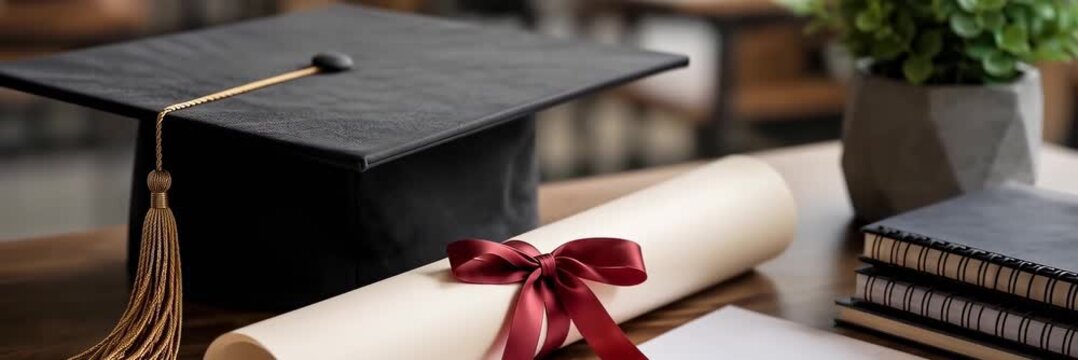 Graduation cap and diploma arranged with notebooks on a study desk, education, achievement website banner