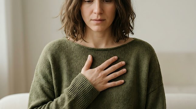 Close-up of a young woman with her hand placed on her chest, conveying a sense of emotional distress, anxiety, or a moment of deep introspection and self-reflection in a quiet setting