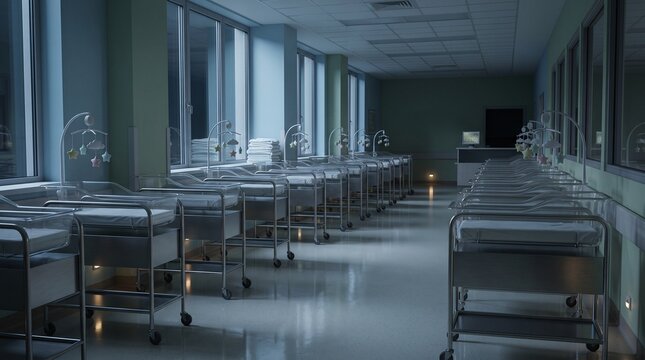 Neonatal cribs sit in a quiet row inside a modern medical facility maternity ward at nighttime under soft blue atmospheric lighting, creating a somber feeling of emptiness and anticipation for.