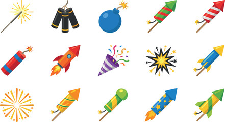 Colorful celebration fireworks vector element set featuring cartoon firecrackers rocket poppers sparklers dynamite bomb and party confetti icons © Rashidul