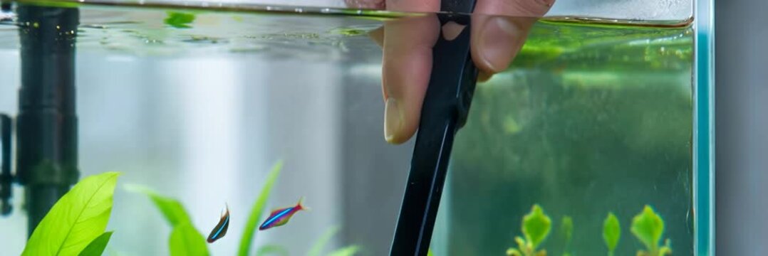 Hand cleaning a planted freshwater aquarium with a maintenance tool, aquascaping website banner