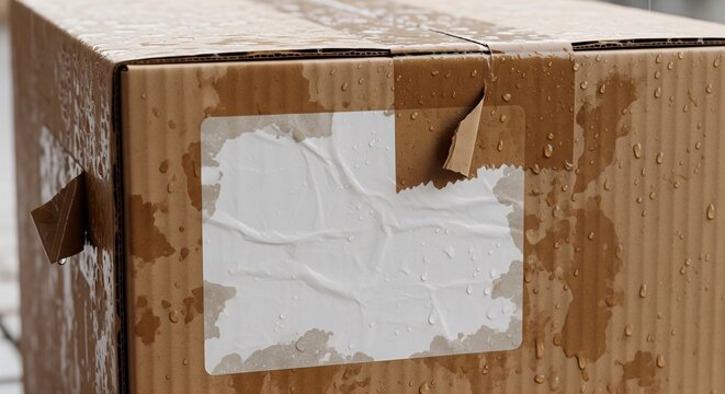 Close-up of a cardboard parcel with a damaged white adhesive label stuck on it.