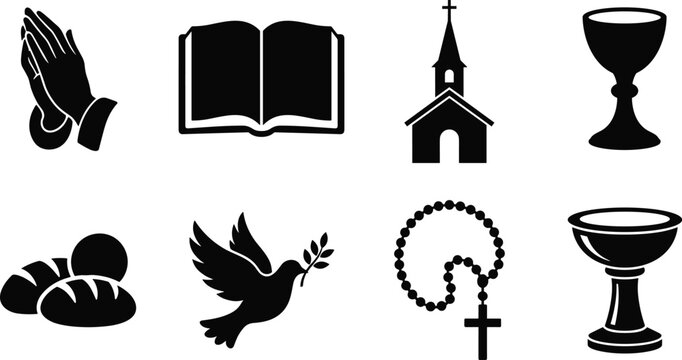 Christian Religious Symbols Collection with Bible Church Cross Dove Prayer and Communion Icons