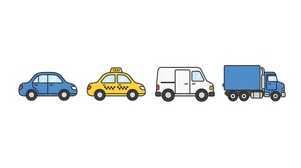 Fototapeta premium Set of various road vehicles. Icons of car, taxi, van and truck on white background.