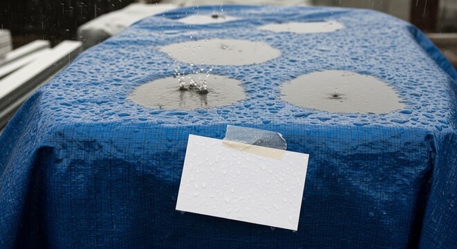 Blue waterproof tarp covered with water puddles and rain drops, featuring a blank white paper note taped to it.