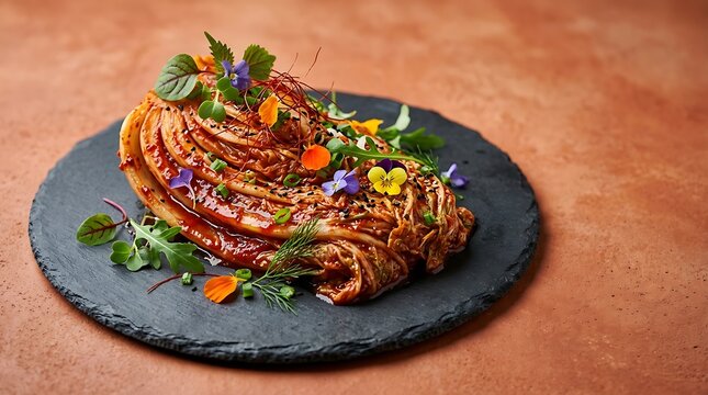Gourmet korean kimchi garnished with edible flowers and herbs