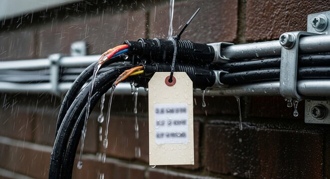 Close-up of bundled black electrical wires with a white identification tag under rain drops