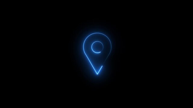 Neon blue glowing map pin icon on black background, location symbol, navigation concept.pin icon on black background.