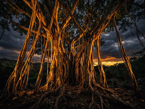 Ancient Banyan Tree with Aerial Roots Glowing at Sunset in Tropical Forest