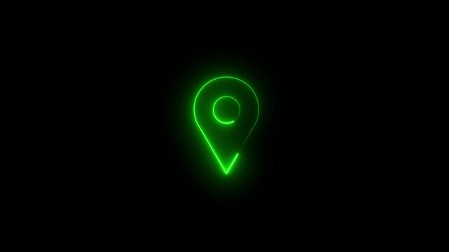 Neon blue glowing map pin icon on black background, location symbol, navigation concept