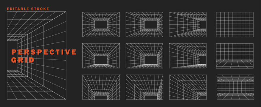 Perspective grid vector collection, 3D wireframe grid line backgrounds with editable stroke for cyberpunk design, y2k retro futuristic, brutalism illustration.
