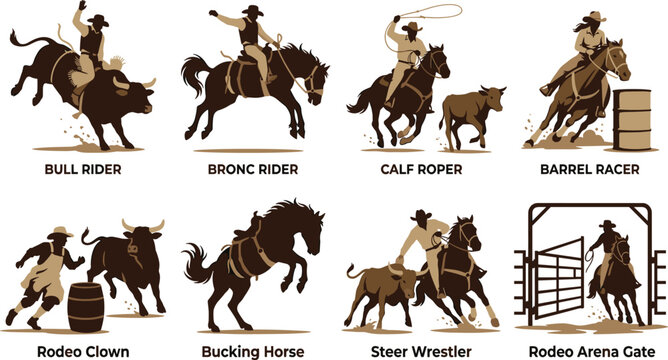 Rodeo Cowboy Silhouette Set with Bull Rider Bronc Rider and Barrel Racer Scenes