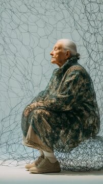 Elderly woman in a cozy sweater sits thoughtfully against a backdrop of tangled netting, evoking themes of contemplation and resilience. Modern portrait with artistic textures