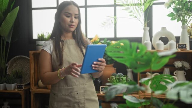 Woman florist in apron holding a blue tablet and tapping the screen with her finger in a plant studio surrounded by potted plants, succulents and decorative vases; focus and care.
