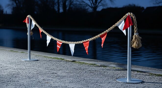 Low angle view of a thick rope with red and white warning flags near water at night.